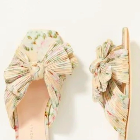 New Loeffler Randall BHLDN Daphne Pleated Bow 7 Beige Floral Knotted Slide Flat - Picture 4 of 6